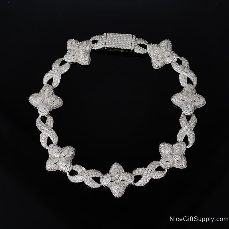 Cuban Link Bracelet Iced Out Flower Cross Four-Leaf Clover Diamond Chain Jewelry