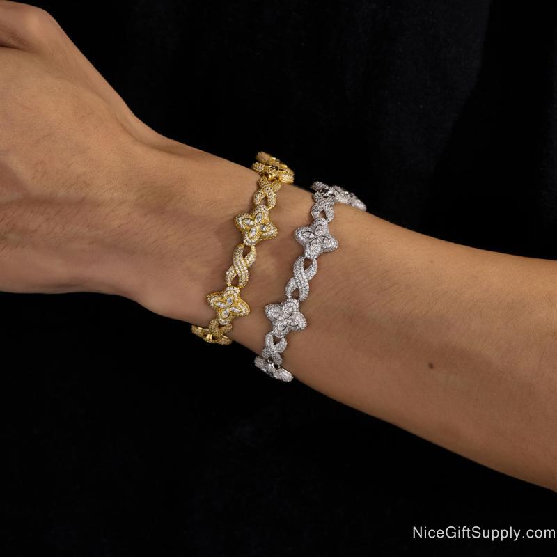 Cuban Link Bracelet Iced Out Flower Cross Four-Leaf Clover Diamond Chain Jewelry