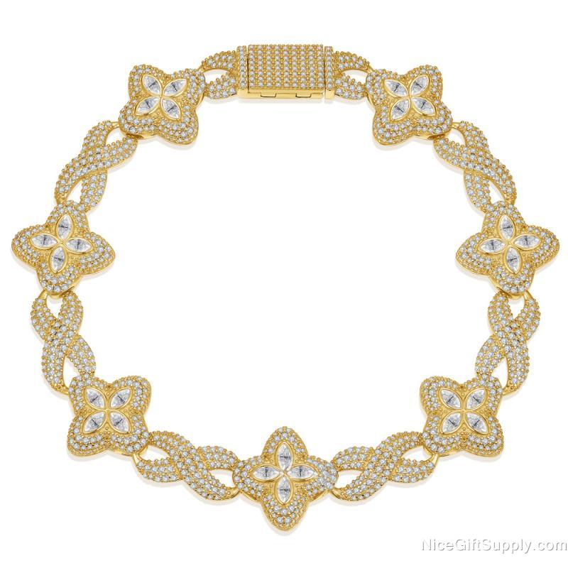 Cuban Link Bracelet Iced Out Flower Cross Four-Leaf Clover Diamond Chain Jewelry